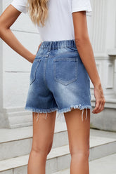 Distressed Raw Hem Asymmetric Waist Denim Shorts OutfitFlow